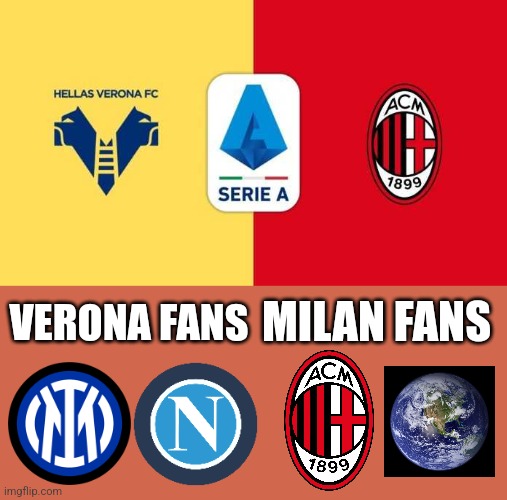 Verona vs A.C. Milan meme | MILAN FANS; VERONA FANS | image tagged in verona,ac milan,serie a,calcio,memes,forza milan | made w/ Imgflip meme maker