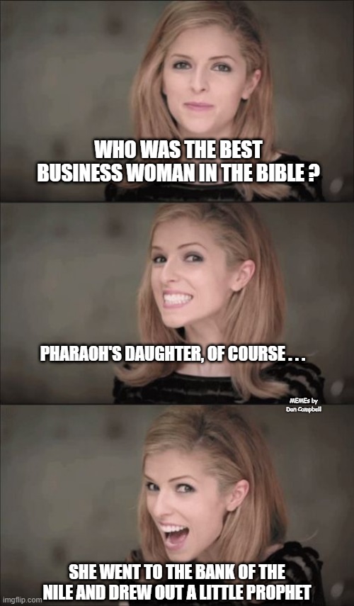 Bad Pun Anna Kendrick |  WHO WAS THE BEST BUSINESS WOMAN IN THE BIBLE ? PHARAOH'S DAUGHTER, OF COURSE . . . MEMEs by Dan Campbell; SHE WENT TO THE BANK OF THE NILE AND DREW OUT A LITTLE PROPHET | image tagged in memes,bad pun anna kendrick | made w/ Imgflip meme maker