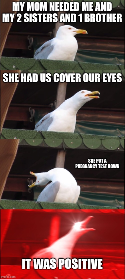 It may be a second furry! | MY MOM NEEDED ME AND MY 2 SISTERS AND 1 BROTHER; SHE HAD US COVER OUR EYES; SHE PUT A PREGNANCY TEST DOWN; IT WAS POSITIVE | image tagged in memes,inhaling seagull | made w/ Imgflip meme maker