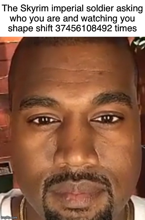 Kanye West Stare | The Skyrim imperial soldier asking
who you are and watching you
shape shift 37456108492 times | image tagged in kanye west stare | made w/ Imgflip meme maker