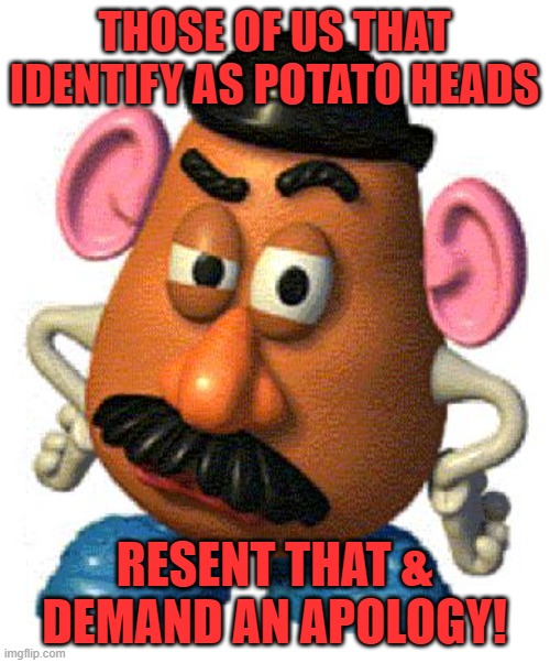 Mr Potato Head | THOSE OF US THAT IDENTIFY AS POTATO HEADS RESENT THAT & DEMAND AN APOLOGY! | image tagged in mr potato head | made w/ Imgflip meme maker