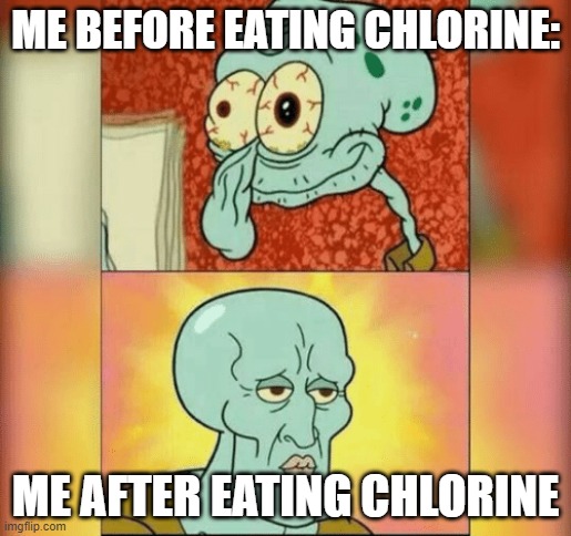 Ugly and Handsome Squidward | ME BEFORE EATING CHLORINE:; ME AFTER EATING CHLORINE | image tagged in ugly and handsome squidward | made w/ Imgflip meme maker