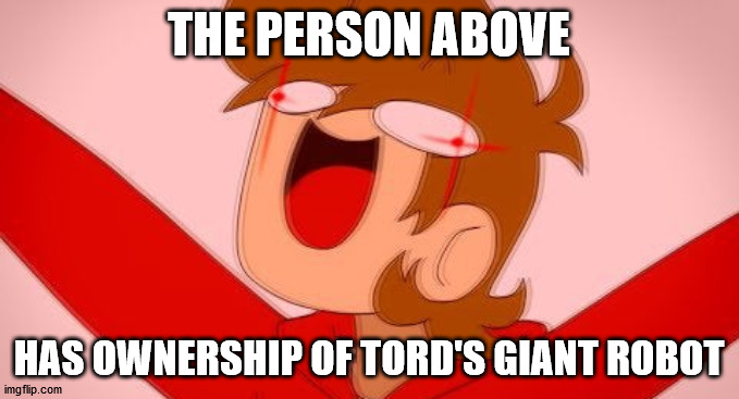tord on drugs | THE PERSON ABOVE; HAS OWNERSHIP OF TORD'S GIANT ROBOT | image tagged in tord on drugs,eddsworld,tord | made w/ Imgflip meme maker