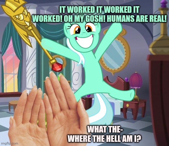 Lyra summons a human | IT WORKED IT WORKED IT WORKED! OH MY GOSH! HUMANS ARE REAL! WHAT THE- WHERE THE HELL AM I? | image tagged in but why why would you do that,ive got no idea what's going on,mlp,lyra heartstrings,magic | made w/ Imgflip meme maker