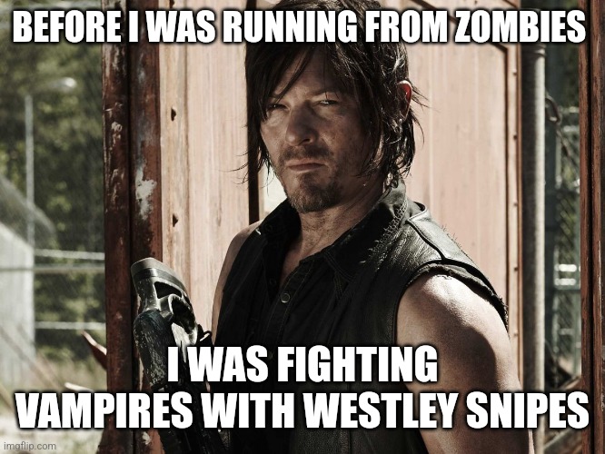 Walking Dead - Daryl | BEFORE I WAS RUNNING FROM ZOMBIES; I WAS FIGHTING VAMPIRES WITH WESTLEY SNIPES | image tagged in walking dead - daryl | made w/ Imgflip meme maker
