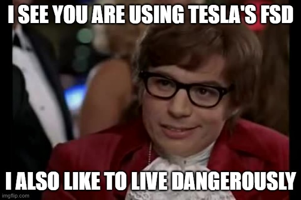 I Too Like To Live Dangerously Meme | I SEE YOU ARE USING TESLA'S FSD; I ALSO LIKE TO LIVE DANGEROUSLY | image tagged in memes,i too like to live dangerously | made w/ Imgflip meme maker