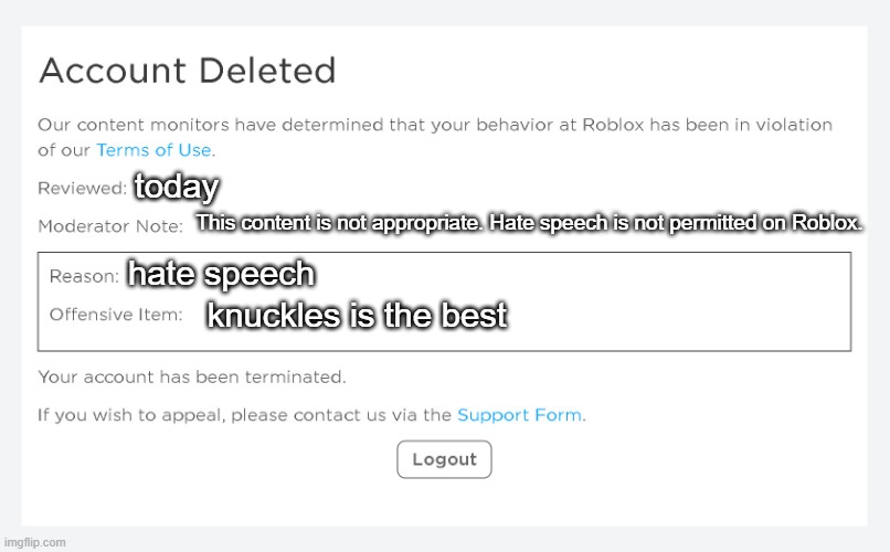 knuckles | today; This content is not appropriate. Hate speech is not permitted on Roblox. hate speech; knuckles is the best | image tagged in banned from roblox new version | made w/ Imgflip meme maker