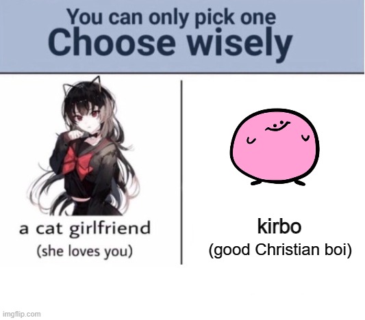 yes | kirbo; (good Christian boi) | image tagged in choose wisely,kirby,terminalmontage,anime meme,nintendo | made w/ Imgflip meme maker