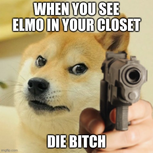 DIE ELMO | WHEN YOU SEE ELMO IN YOUR CLOSET; DIE BITCH | image tagged in doge holding a gun | made w/ Imgflip meme maker