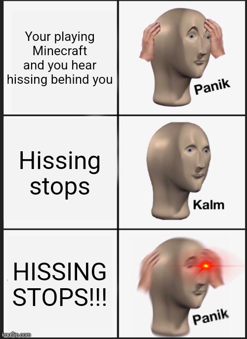 Wait somthing ain't right here |  Your playing minecraft and you hear hissing behind you; Hissing stops; HISSING STOPS!!! | image tagged in memes,panik kalm panik,hellmax343,funny,fun,minecraft | made w/ Imgflip meme maker