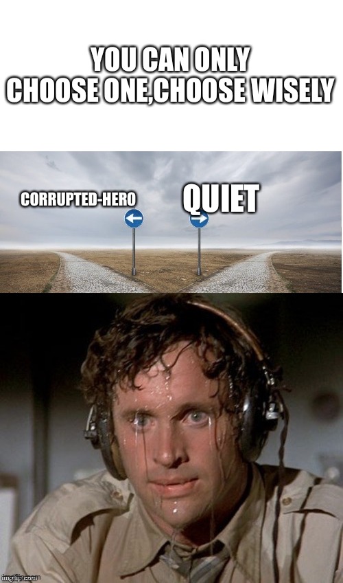 I choose quiet | YOU CAN ONLY CHOOSE ONE,CHOOSE WISELY; QUIET; CORRUPTED-HERO | image tagged in sweating the choices | made w/ Imgflip meme maker
