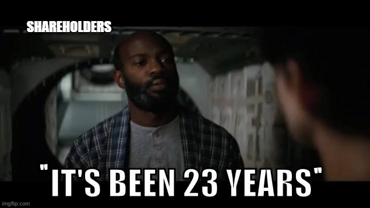 It's been 23 years | SHAREHOLDERS; "                                                                                      
                                                                          " | image tagged in it's been 23 years | made w/ Imgflip meme maker