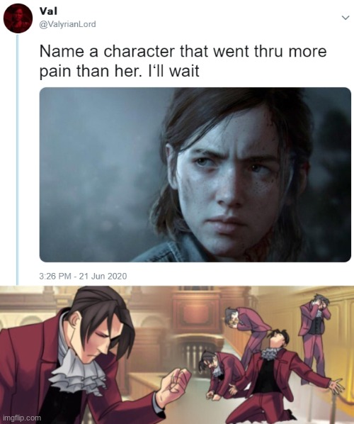 image tagged in name one character who went through more pain than her,edgeworth aaa | made w/ Imgflip meme maker