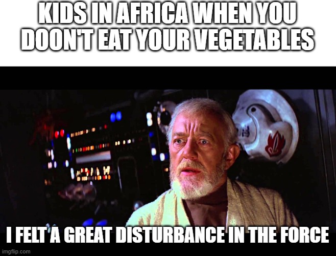 I felt a great disturbance in the Force | KIDS IN AFRICA WHEN YOU DOON'T EAT YOUR VEGETABLES; I FELT A GREAT DISTURBANCE IN THE FORCE | image tagged in i felt a great disturbance in the force | made w/ Imgflip meme maker