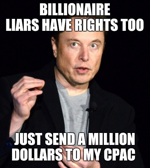 freedom and justice | BILLIONAIRE LIARS HAVE RIGHTS TOO; JUST SEND A MILLION DOLLARS TO MY CPAC | image tagged in musk,warped | made w/ Imgflip meme maker