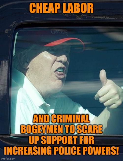 Trump thumb up | CHEAP LABOR AND CRIMINAL BOGEYMEN TO SCARE UP SUPPORT FOR INCREASING POLICE POWERS! | image tagged in trump thumb up | made w/ Imgflip meme maker