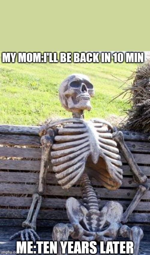 Cmon | MY MOM:I'LL BE BACK IN 10 MIN; ME:TEN YEARS LATER | image tagged in memes,waiting skeleton | made w/ Imgflip meme maker