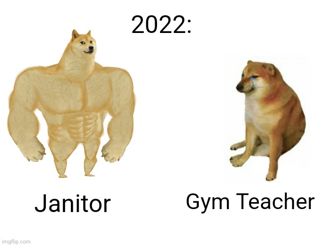 Buff Doge vs. Cheems | 2022:; Gym Teacher; Janitor | image tagged in memes,buff doge vs cheems | made w/ Imgflip meme maker