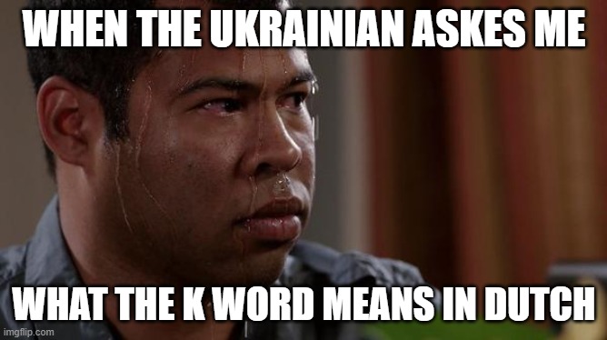 I explained carefully it likely is a bad word or someone diagnosing u with cancer | WHEN THE UKRAINIAN ASKES ME; WHAT THE K WORD MEANS IN DUTCH | image tagged in sweating bullets | made w/ Imgflip meme maker