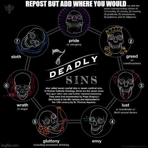 The seven deadly sins | REPOST BUT ADD WHERE YOU WOULD; .-MX-. | image tagged in the seven deadly sins | made w/ Imgflip meme maker
