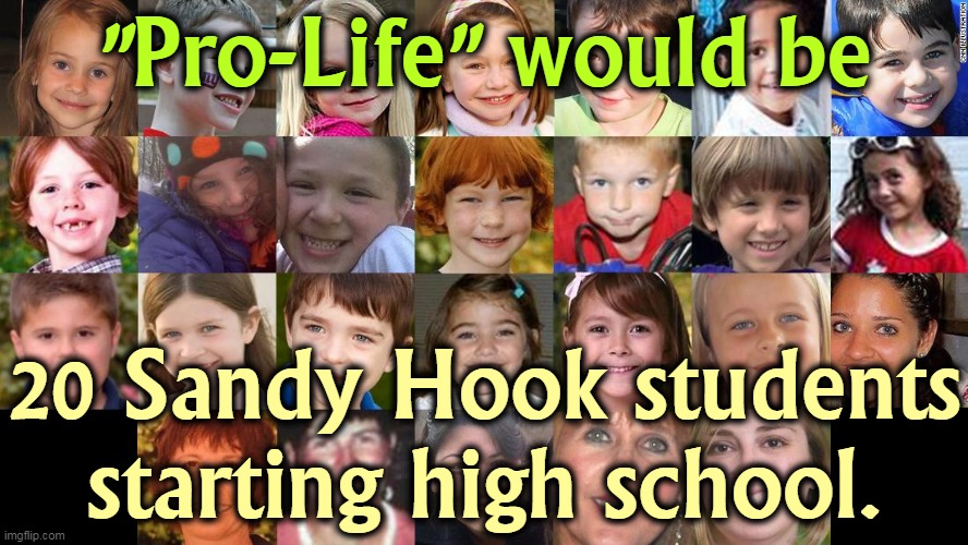 Right? | "Pro-Life" would be; 20 Sandy Hook students starting high school. | image tagged in pro life,dead,children,gun control | made w/ Imgflip meme maker