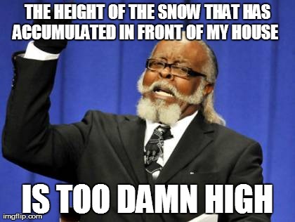 Meanwhile in the North East | THE HEIGHT OF THE SNOW THAT HAS ACCUMULATED IN FRONT OF MY HOUSE   IS TOO DAMN HIGH | image tagged in memes,too damn high,snow | made w/ Imgflip meme maker