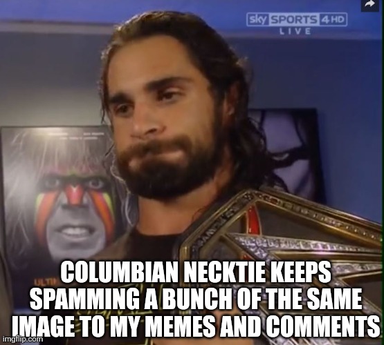 Seth Rollins WWE | COLUMBIAN NECKTIE KEEPS SPAMMING A BUNCH OF THE SAME IMAGE TO MY MEMES AND COMMENTS | image tagged in seth rollins wwe | made w/ Imgflip meme maker