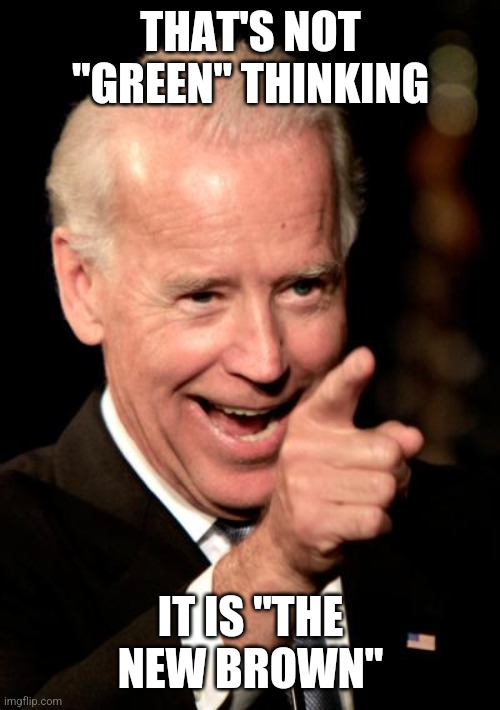 Smilin Biden Meme | THAT'S NOT "GREEN" THINKING IT IS "THE NEW BROWN" | image tagged in memes,smilin biden | made w/ Imgflip meme maker