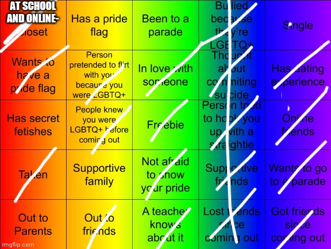 .o. | AT SCHOOL AND ONLINE- | image tagged in jer-sama's lgbtq bingo | made w/ Imgflip meme maker