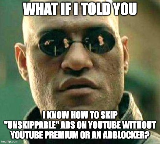 i am the greatest criminal of all time |  WHAT IF I TOLD YOU; I KNOW HOW TO SKIP "UNSKIPPABLE" ADS ON YOUTUBE WITHOUT YOUTUBE PREMIUM OR AN ADBLOCKER? | image tagged in what if i told you,youtube,youtube ads | made w/ Imgflip meme maker