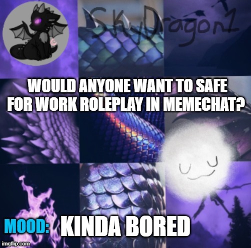 SkyDragon1 Temp(made by -potato-) | WOULD ANYONE WANT TO SAFE FOR WORK ROLEPLAY IN MEMECHAT? KINDA BORED | image tagged in skydragon1 temp made by -potato- | made w/ Imgflip meme maker