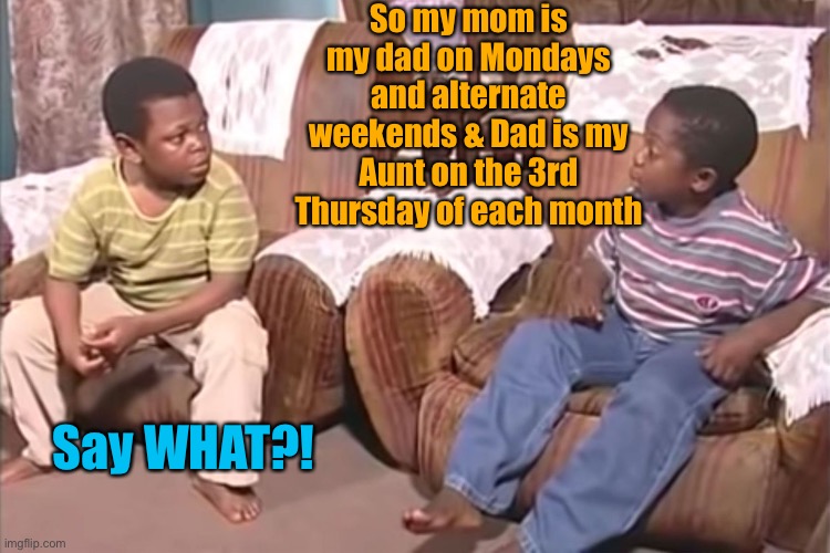 What did you say? | So my mom is my dad on Mondays and alternate weekends & Dad is my Aunt on the 3rd Thursday of each month Say WHAT?! | image tagged in what did you say | made w/ Imgflip meme maker