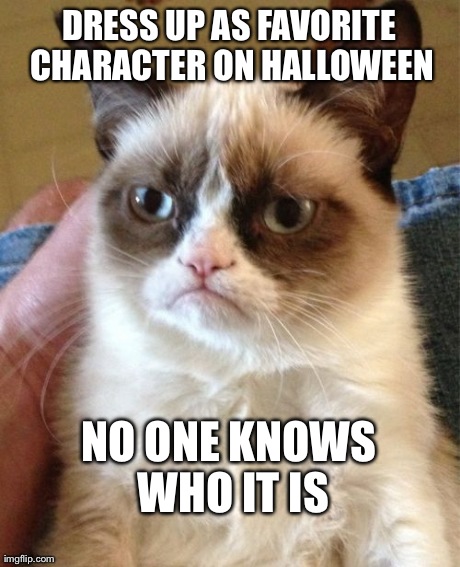Grumpy Cat Meme | DRESS UP AS FAVORITE CHARACTER ON HALLOWEEN NO ONE KNOWS WHO IT IS | image tagged in memes,grumpy cat | made w/ Imgflip meme maker