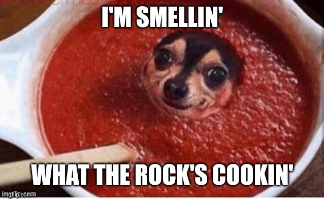 Memes, Hot Sauce, Dogs, Cooking | I'M SMELLIN' WHAT THE ROCK'S COOKIN' | image tagged in memes hot sauce dogs cooking | made w/ Imgflip meme maker
