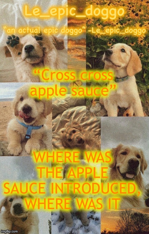 Doggo temp by doggo. Wait what that’s confusing | “Cross cross apple sauce”; WHERE WAS THE APPLE SAUCE INTRODUCED, WHERE WAS IT | image tagged in doggo temp by doggo wait what that s confusing | made w/ Imgflip meme maker