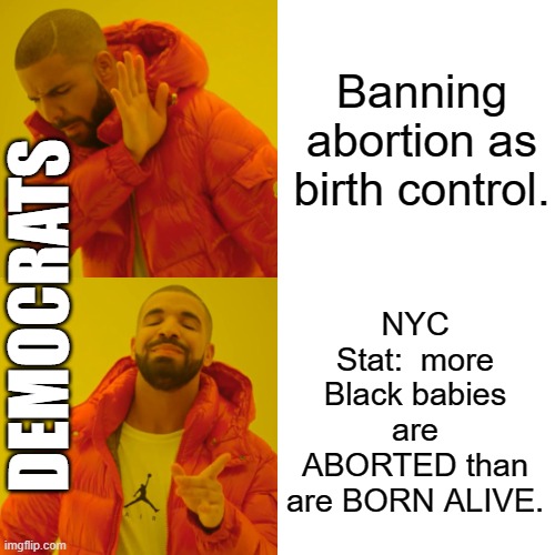 TRUTH: Abortion is RACIST. | Banning abortion as birth control. NYC Stat:  more Black babies are ABORTED than are BORN ALIVE. DEMOCRATS | image tagged in memes,drake hotline bling | made w/ Imgflip meme maker