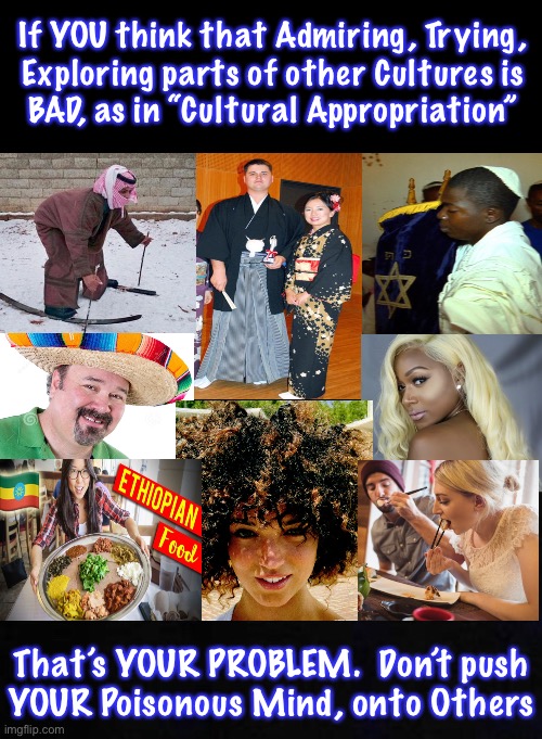 CULTURAL APPROPRIATION!!   Seriously?!  If THAT’s what’s on your mind, you don’t know what Real problems are. | If YOU think that Admiring, Trying,
Exploring parts of other Cultures is
BAD, as in “Cultural Appropriation”; That’s YOUR PROBLEM.  Don’t push
YOUR Poisonous Mind, onto Others | image tagged in memes,your life is too good if you have to make up problems,just grow up,quityerbitchin,become an adult | made w/ Imgflip meme maker