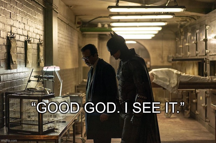 good god. | “GOOD GOD. I SEE IT.” | image tagged in batman | made w/ Imgflip meme maker