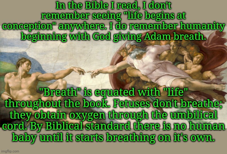 My Southern Baptist upbringing. | In the Bible I read, I don't remember seeing "life begins at conception" anywhere. I do remember humanity beginning with God giving Adam breath. "Breath" is equated with "life" throughout the book. Fetuses don't breathe; they obtain oxygen through the umbilical cord. By Biblical standard there is no human
baby until it starts breathing on it's own. | image tagged in creation of adam,abortion,religious,christian,conservative hypocrisy | made w/ Imgflip meme maker