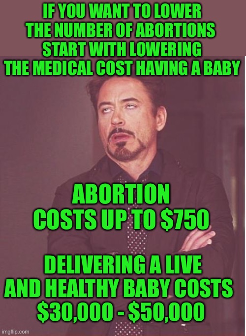 Of course, pro-life politicians will just advocate for increasing the cost of abortions instead |  IF YOU WANT TO LOWER THE NUMBER OF ABORTIONS 
START WITH LOWERING THE MEDICAL COST HAVING A BABY; ABORTION COSTS UP TO $750; DELIVERING A LIVE AND HEALTHY BABY COSTS 
$30,000 - $50,000 | image tagged in memes,face you make robert downey jr | made w/ Imgflip meme maker