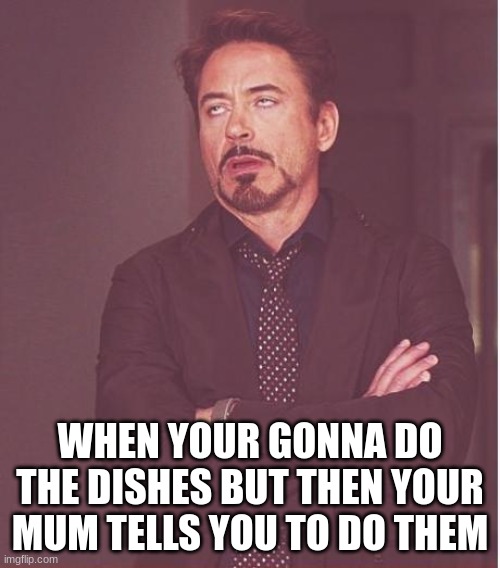 (: |  WHEN YOUR GONNA DO THE DISHES BUT THEN YOUR MUM TELLS YOU TO DO THEM | image tagged in memes,face you make robert downey jr | made w/ Imgflip meme maker