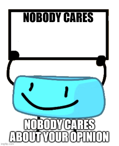 Bracelety Sign | NOBODY CARES; NOBODY CARES ABOUT YOUR OPINION | image tagged in bracelety sign | made w/ Imgflip meme maker