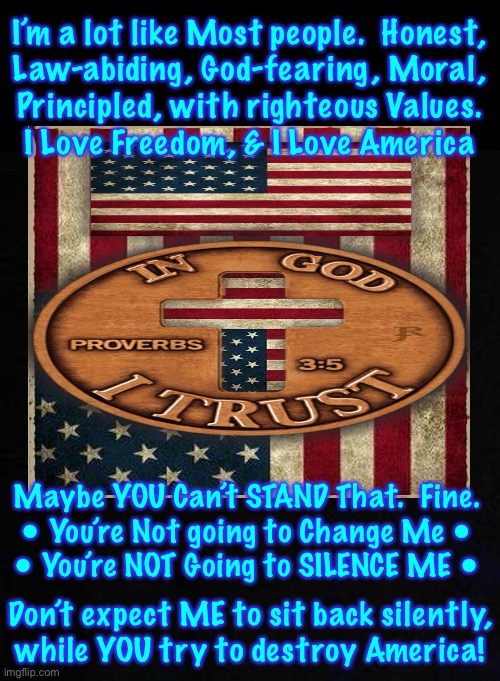 People like You, want people like Me, to Be Intimidated - to Shut Up, and Let You have Your Way.  NOT GONNA HAPPEN | I’m a lot like Most people.  Honest,
Law-abiding, God-fearing, Moral,
Principled, with righteous Values.
I Love Freedom, & I Love America; Maybe YOU Can’t STAND That.  Fine.
• You’re Not going to Change Me •
• You’re NOT Going to SILENCE ME •; Don’t expect ME to sit back silently,
while YOU try to destroy America! | image tagged in memes,formerly went along to get along,but you changed that,formerly part of silent majority,you went too far,now m fightin mad | made w/ Imgflip meme maker