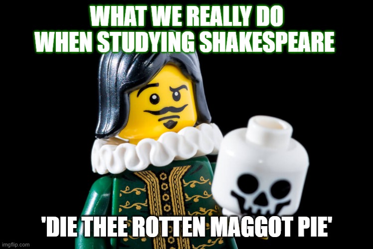 In English | WHAT WE REALLY DO WHEN STUDYING SHAKESPEARE; 'DIE THEE ROTTEN MAGGOT PIE' | image tagged in to be or not | made w/ Imgflip meme maker