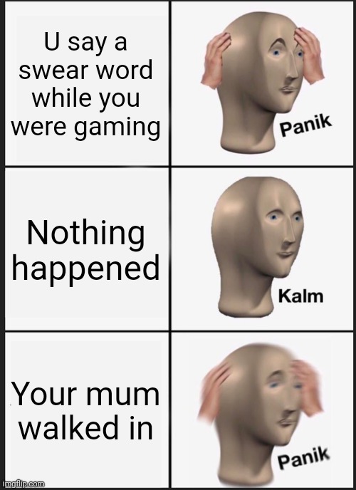 Respect your mother | U say a swear word while you were gaming; Nothing happened; Your mum walked in | image tagged in memes,panik kalm panik | made w/ Imgflip meme maker