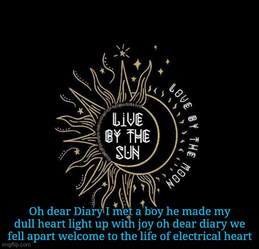 Love moon | Oh dear Diary I met a boy he made my dull heart light up with joy oh dear diary we fell apart welcome to the life of electrical heart | image tagged in love moon | made w/ Imgflip meme maker