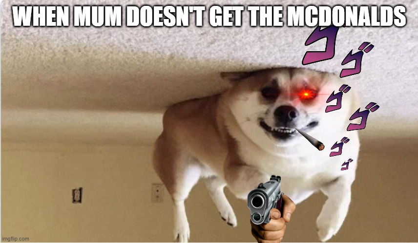 Mum I want Mcdonalds |  WHEN MUM DOESN'T GET THE MCDONALDS | image tagged in doge,dog,jojo's bizarre adventure,mcdonalds | made w/ Imgflip meme maker