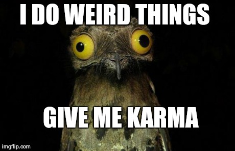 Weird Stuff I Do Potoo Meme | I DO WEIRD THINGS  GIVE ME KARMA | image tagged in memes,weird stuff i do potoo | made w/ Imgflip meme maker