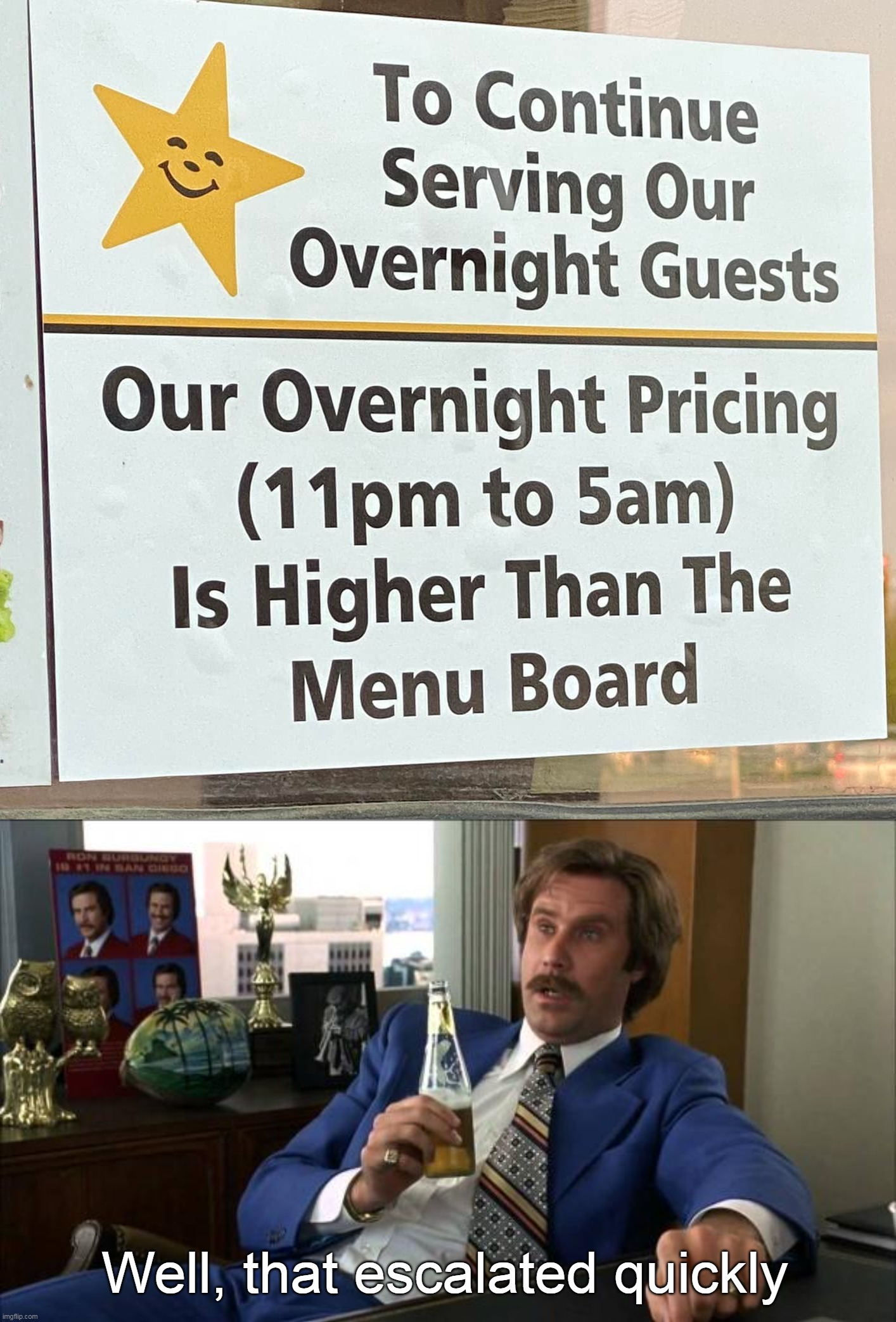  Well, that escalated quickly | image tagged in ron burgundy,meme,memes,signs | made w/ Imgflip meme maker