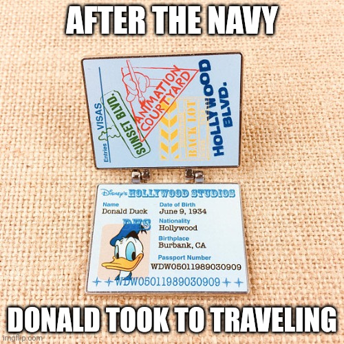 Passport ID | AFTER THE NAVY; DONALD TOOK TO TRAVELING | image tagged in donald duck | made w/ Imgflip meme maker